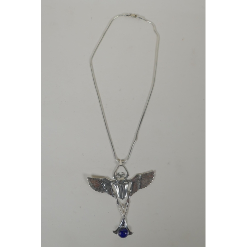 629 - A sterling silver pendant necklace in the form of a winged beetle, 9cm wide