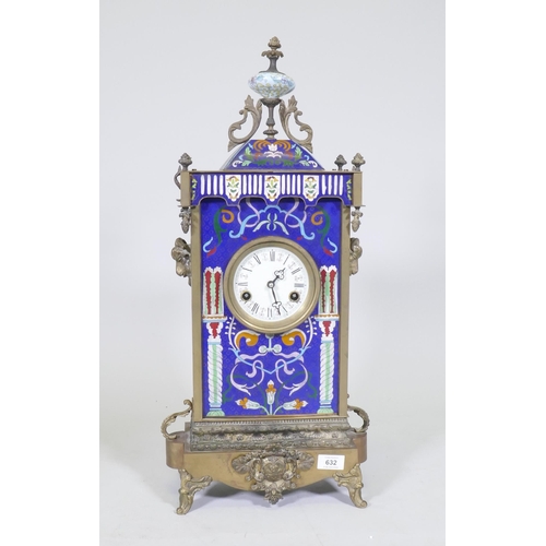 632 - A French style brass case mantel clock with inset cloisonne enamel decoration and enamel dial with R... 