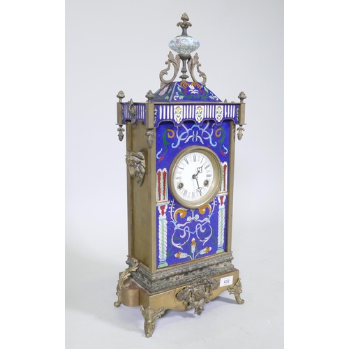 632 - A French style brass case mantel clock with inset cloisonne enamel decoration and enamel dial with R... 