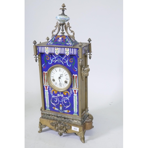 632 - A French style brass case mantel clock with inset cloisonne enamel decoration and enamel dial with R... 