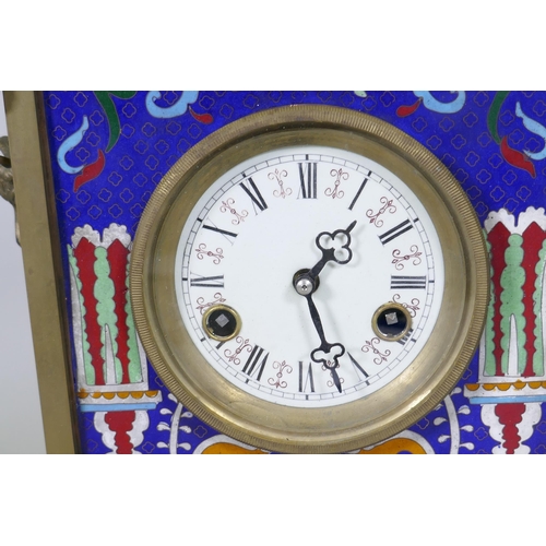 632 - A French style brass case mantel clock with inset cloisonne enamel decoration and enamel dial with R... 