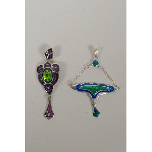 639 - A sterling silver and enamel Art Nouveau style pendant, and another, 6cm drop