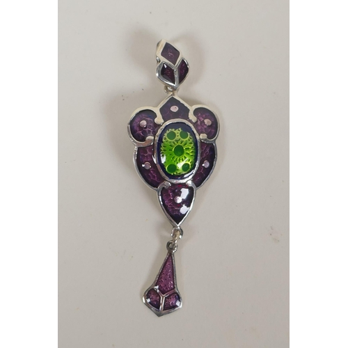 639 - A sterling silver and enamel Art Nouveau style pendant, and another, 6cm drop