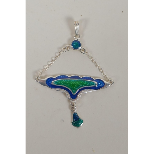 639 - A sterling silver and enamel Art Nouveau style pendant, and another, 6cm drop