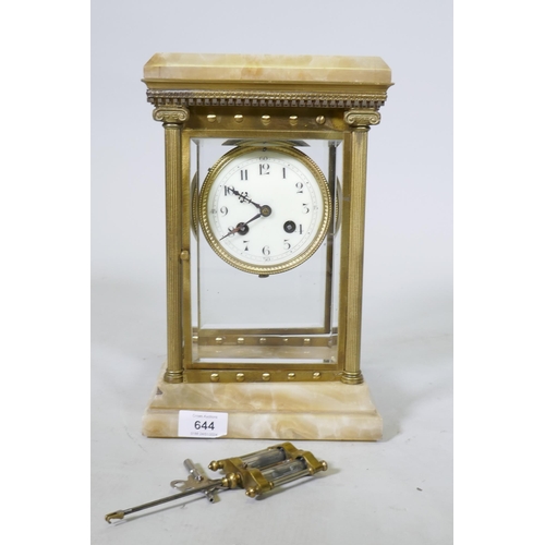 644 - A C19th French gilt brass and alabaster mantel clock, the spring driven movement stamped FOT Bte, Eu... 