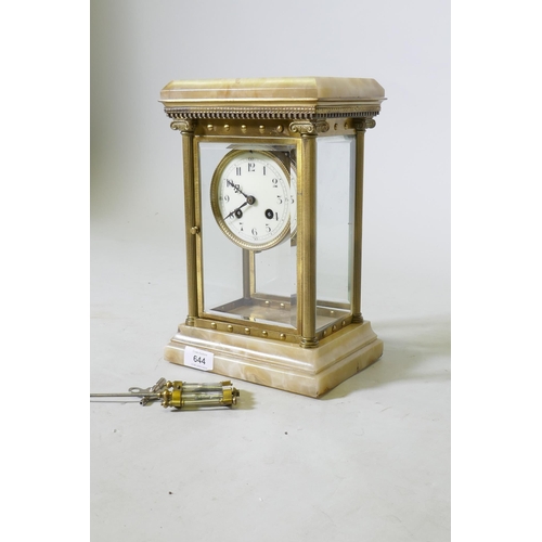 644 - A C19th French gilt brass and alabaster mantel clock, the spring driven movement stamped FOT Bte, Eu... 