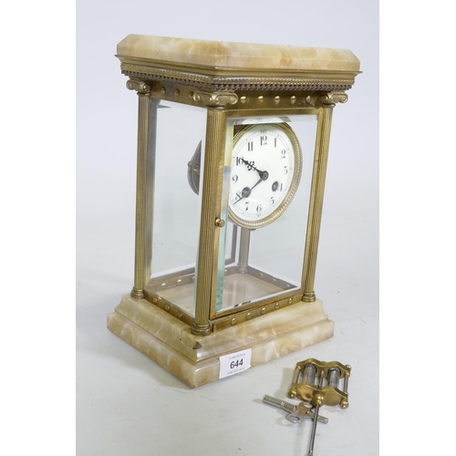 644 - A C19th French gilt brass and alabaster mantel clock, the spring driven movement stamped FOT Bte, Eu... 