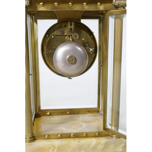 644 - A C19th French gilt brass and alabaster mantel clock, the spring driven movement stamped FOT Bte, Eu... 