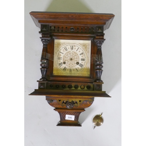 646 - A late C19th/early C20th Black Forest wall clock, the Junghans movement striking on a gong, case AF,... 