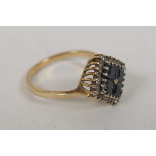 659 - An antique 9ct gold square headed dress ring set with white sapphires and tanzanite, size O