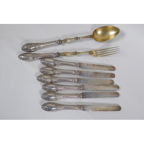 664 - Six French silver butter knives, marked Cosson Corby, and matching salad servers, 474g