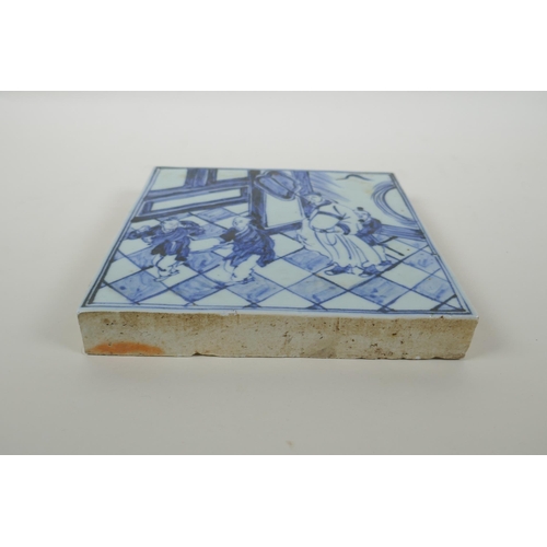 68 - A Chinese blue and white porcelain temple tile depicting a scholar and children, 20 x 20cm