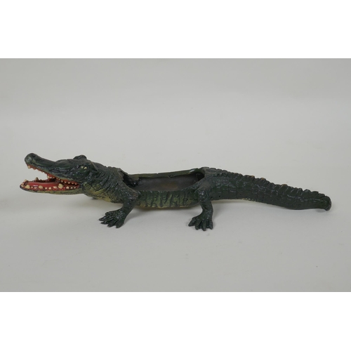 69 - An Austrian cold painted bronze pin tray in the form of a crocodile, 22cm long