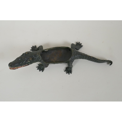 69 - An Austrian cold painted bronze pin tray in the form of a crocodile, 22cm long