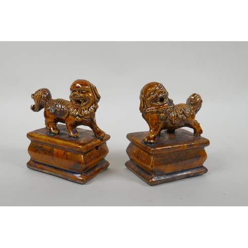 73 - A pair of Chinese ochre glazed porcelain fo dogs, 10cm high