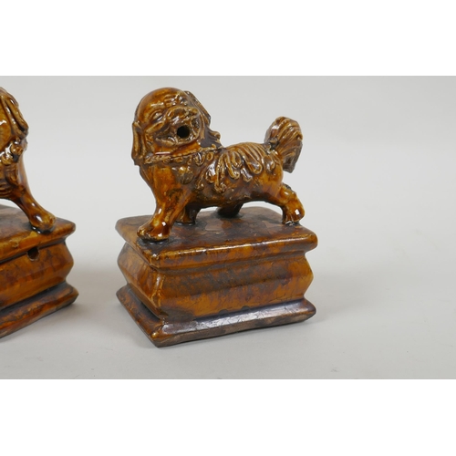 73 - A pair of Chinese ochre glazed porcelain fo dogs, 10cm high