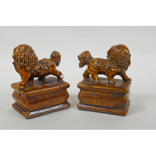 73 - A pair of Chinese ochre glazed porcelain fo dogs, 10cm high