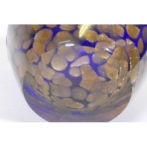 8 - A blue glass vase with copper/gold aventurine inclusions, possibly Monart, 12cm high