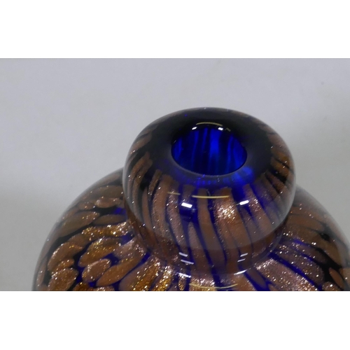 8 - A blue glass vase with copper/gold aventurine inclusions, possibly Monart, 12cm high