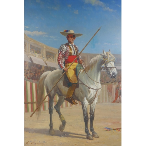 801 - Alfred Frank de Prades, (French, 1825-1885), portrait of a Spanish horseman, signed, oil on millboar... 