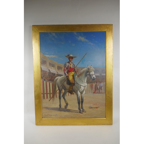 801 - Alfred Frank de Prades, (French, 1825-1885), portrait of a Spanish horseman, signed, oil on millboar... 