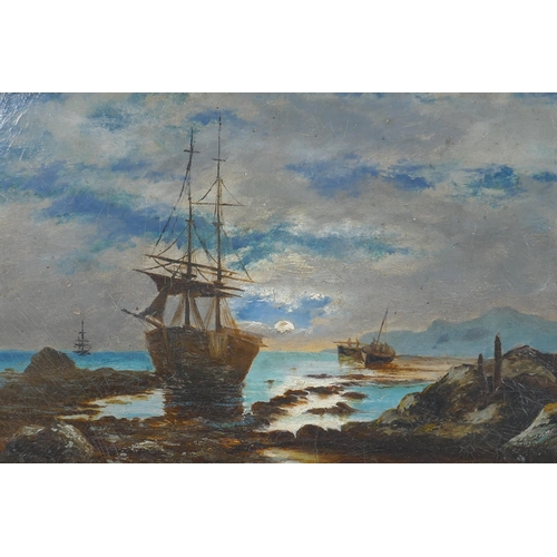 802 - Boats in a moonlit coastal inlet, C19th oil on millboard, 17 x 29cm