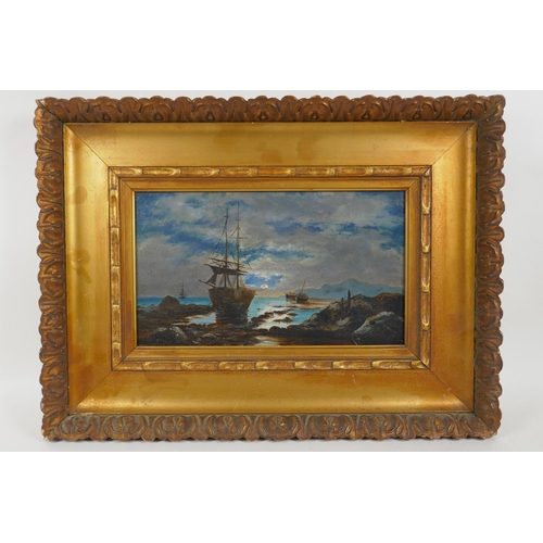 802 - Boats in a moonlit coastal inlet, C19th oil on millboard, 17 x 29cm