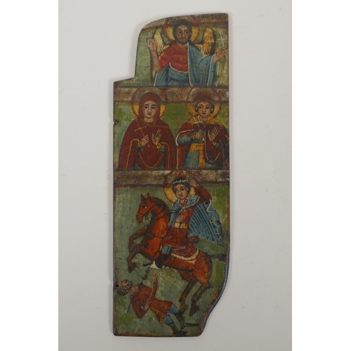 803 - An C18th Greek icon panel from a triptych depicting saints, oil on board, 10 x 29cm