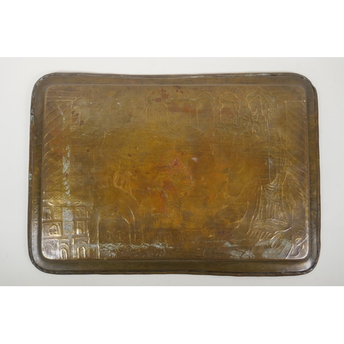 81 - An antique Persian bronze tray with engraved decoration depicting the Kasra Arch and a king receivin... 