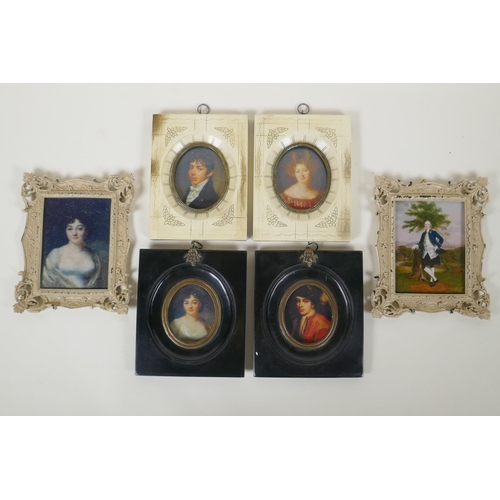 821 - Three pairs of miniature picture frames, largest rebate 7 x 9.5cm