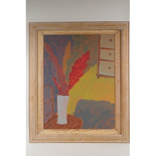 822 - Bloomsbury Group style interior scene with vase of foliage on a chair, indistinctly signed, oil on b... 