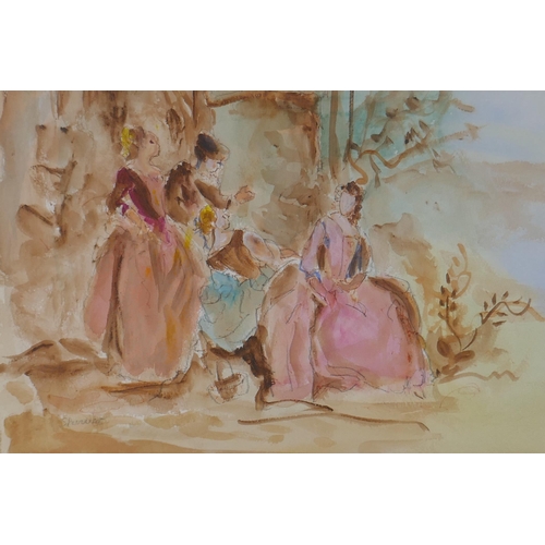 824 - Steven Spurrier, (British, 1878-1961), figures in a landscape, signed Spurrier, watercolour and penc... 