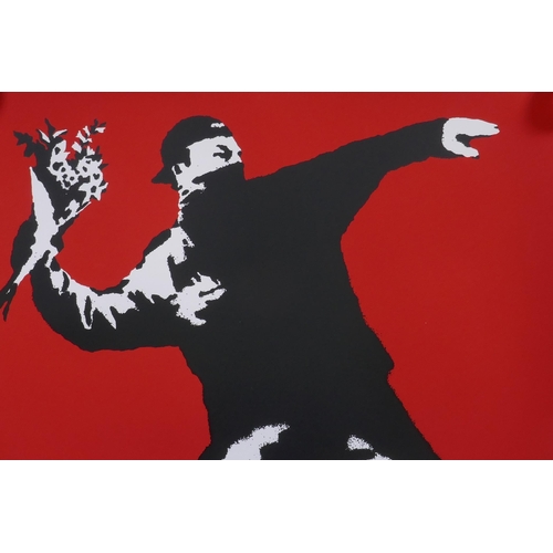 825 - After Banksy, Love is in the Air, (Flower Thrower), limited edition copy screen print, No 240/500, b... 