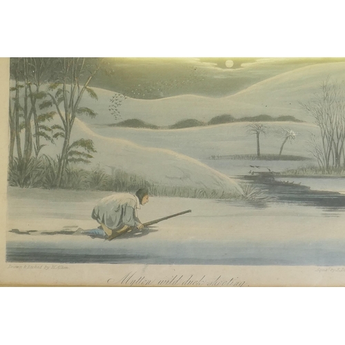 826 - After Rawlins and H. Aiken, six hand coloured aquatints from the set of the Life of Mytton, duck sho... 