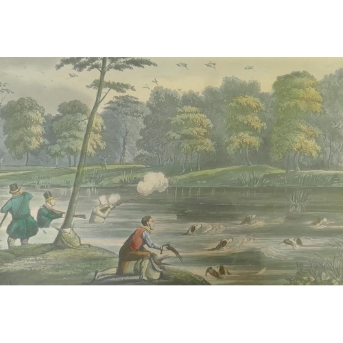 826 - After Rawlins and H. Aiken, six hand coloured aquatints from the set of the Life of Mytton, duck sho... 