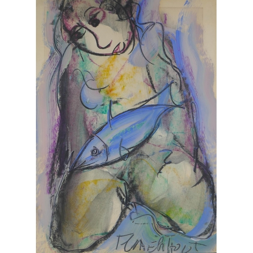 827 - Frans Claerhout, (Belgian, 1914-2006), girl with fish, mixed media, 40 x 29cm