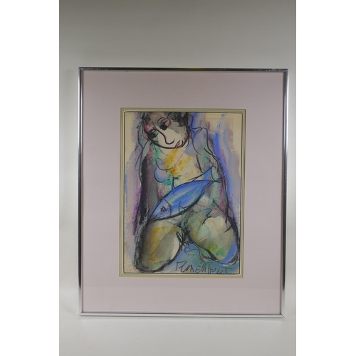 827 - Frans Claerhout, (Belgian, 1914-2006), girl with fish, mixed media, 40 x 29cm