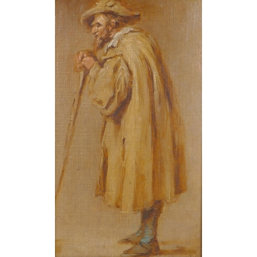 828 - Dutch School, portrait of a man in a cloak, antique oil on canvas laid on board, 33 x 19cm