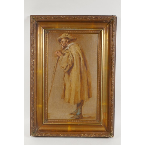 828 - Dutch School, portrait of a man in a cloak, antique oil on canvas laid on board, 33 x 19cm