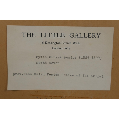 829 - River landscape, bears gallery label verso 'Myles Birket Foster, and some provenance', C19th waterco... 