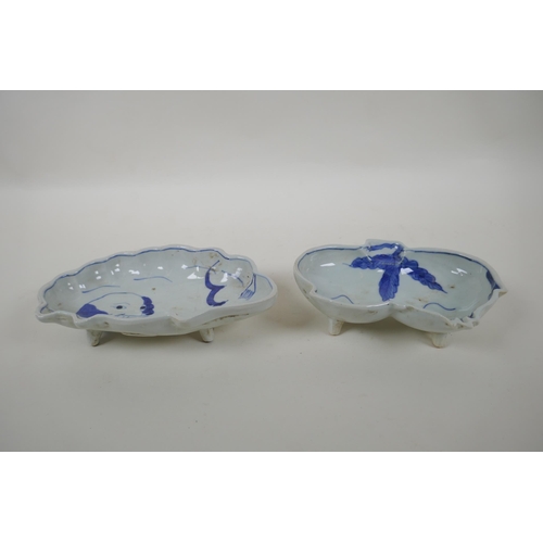 83 - A Japanese Meiji period blue and white porcelain sauce bowl in the form of peaches, and another in t... 