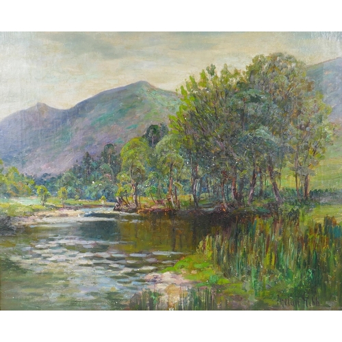 830 - Phelan Gibb, (British, 1870-1948), extensive river landscape, oil on canvas, 50 x 60cm