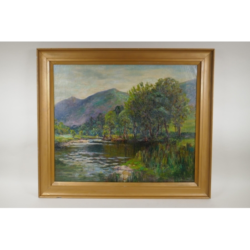 830 - Phelan Gibb, (British, 1870-1948), extensive river landscape, oil on canvas, 50 x 60cm