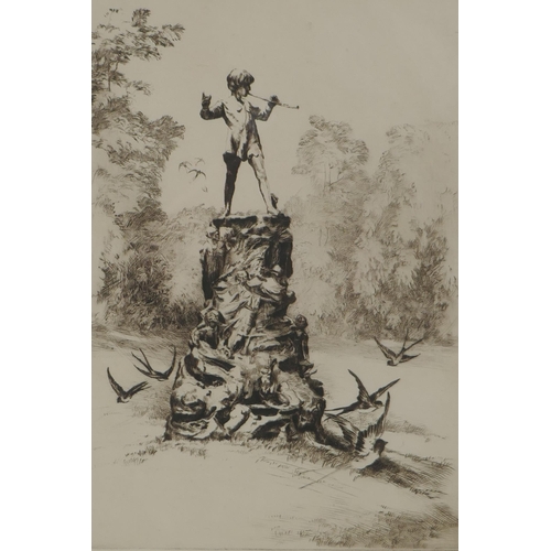 831 - An early C20th engraving of the Peter Pan Statue after George Frampton and J.M. Barrie, indistinctly... 