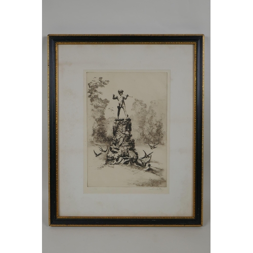 831 - An early C20th engraving of the Peter Pan Statue after George Frampton and J.M. Barrie, indistinctly... 