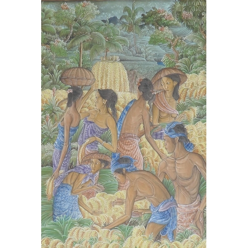 835 - K. Asta, Balinese landscape with harvesters, signed K. Asta, Bali, oil/acrylic o n canvas, 63 x 86cm