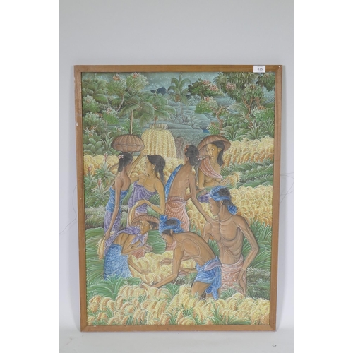 835 - K. Asta, Balinese landscape with harvesters, signed K. Asta, Bali, oil/acrylic o n canvas, 63 x 86cm