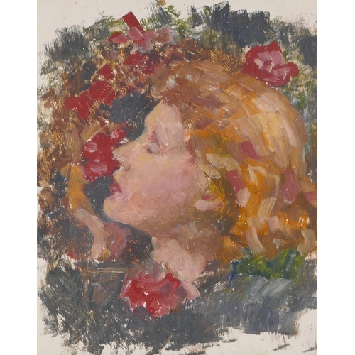 845 - Pre-Raphaelite style head study of a young lady with flowers, gilded oak frame, oil on board, 28 x 2... 