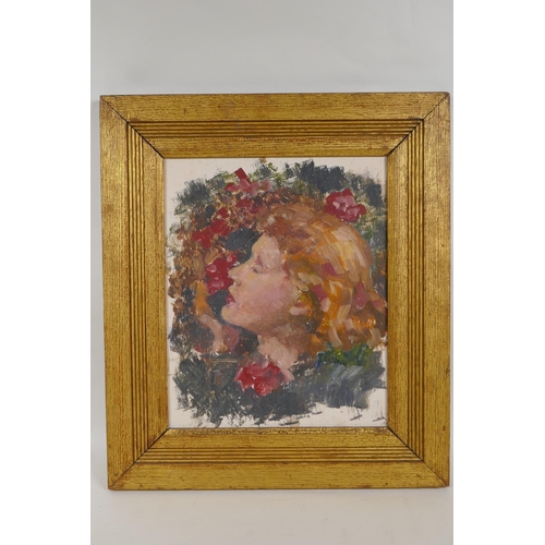 845 - Pre-Raphaelite style head study of a young lady with flowers, gilded oak frame, oil on board, 28 x 2... 