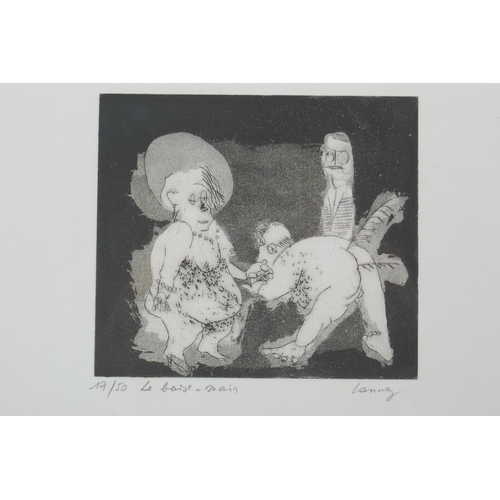 849 - Le Baise-Main, a monochrome limited edition etching, 17/50, signed Lanng in pencil, 15 x 13cm